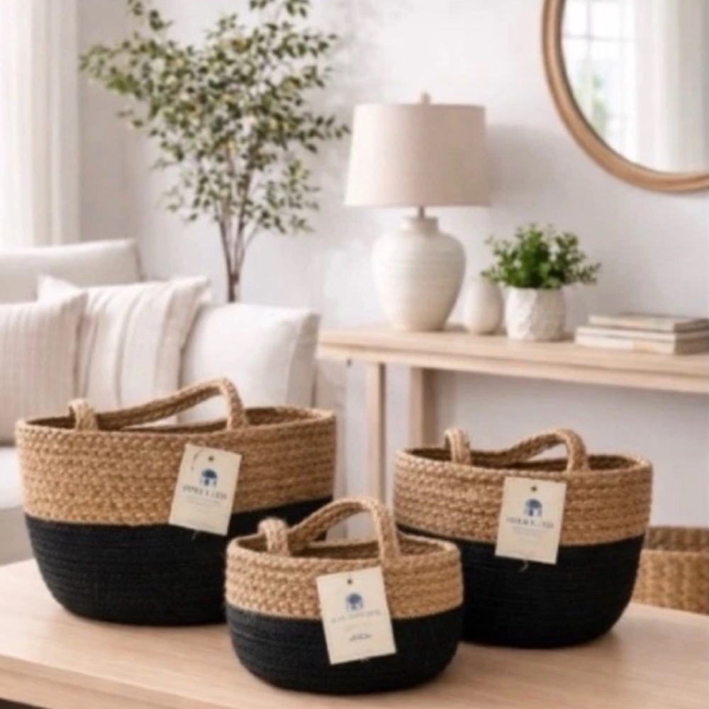 🇺🇸 BOHO LIVING Made In India Set of 3 Tan & Black Burlap Baskets NWT